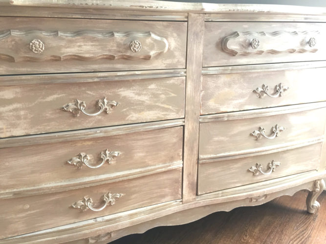 French Provincial Dresser Nightstand finished in General Finishes Antique White & Millstone Milk Paint & Annie Sloan Coco Chalk Paint & Polyvine Wax Varnish bedroom set