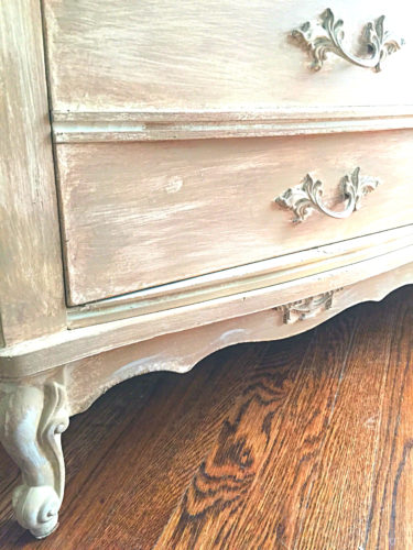 French Provincial Dresser Nightstand finished in General Finishes Antique White & Millstone Milk Paint & Annie Sloan Coco Chalk Paint & Polyvine Wax Varnish bedroom set with distressed hardware pulls