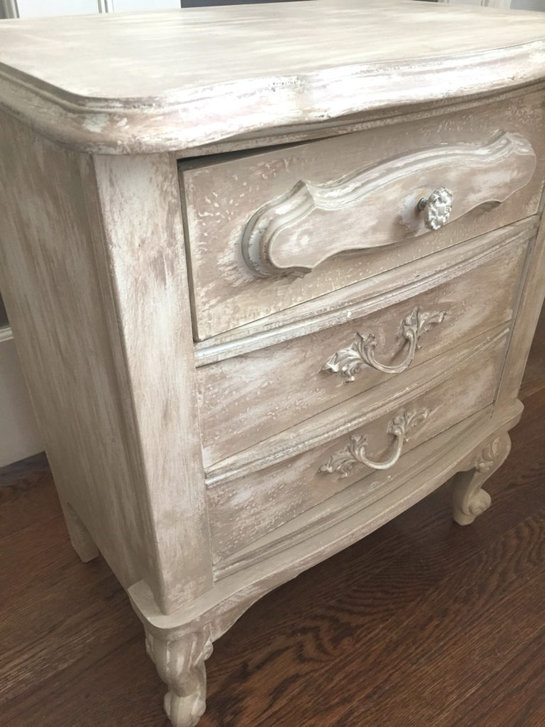 French Provincial Dresser Nightstand finished in General Finishes Antique White & Millstone Milk Paint & Annie Sloan Coco Chalk Paint & Polyvine Wax Varnish bedroom set