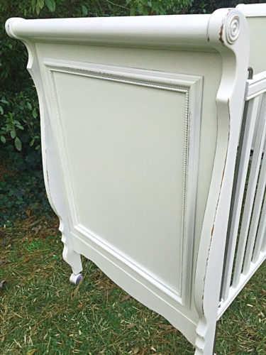 Nursery Crib painted in General Finishes Antique White Milk Paint Distressed and sealed with Polyvine Satin Wax like Varnish
