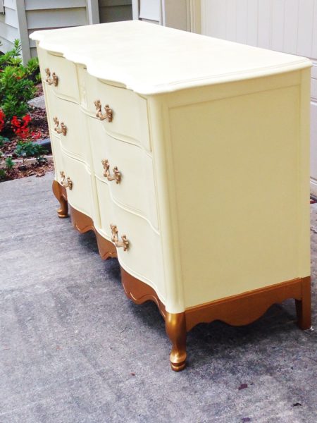French Provincial Dresser in Annie Sloan Cream Chalk Paint with Gold legs and Gold Hardware Pulls