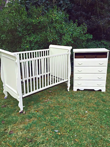 Dresser & Crib painted in General Finishes Antique White Milk Paint Distressed and sealed with Polyvine Satin Wax like Varnish