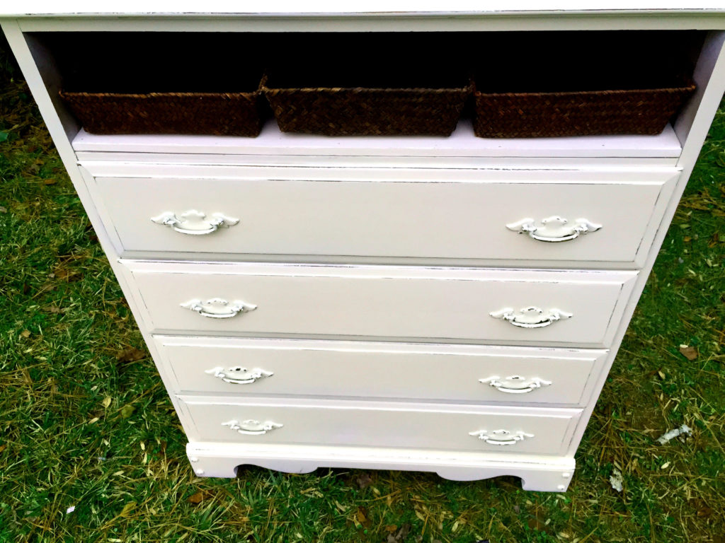 Dresser top drawer replaced with baskets & painted in General Finishes Antique White Milk Paint Distressed and sealed with Polyvine Satin Wax like Varnish
