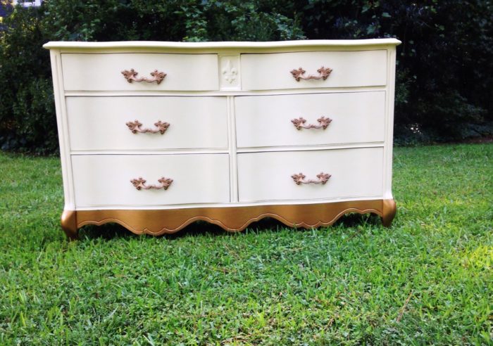 French Provincial Dresser in Annie Sloan Cream Chalk Paint with Gold legs and Gold Hardware Pulls
